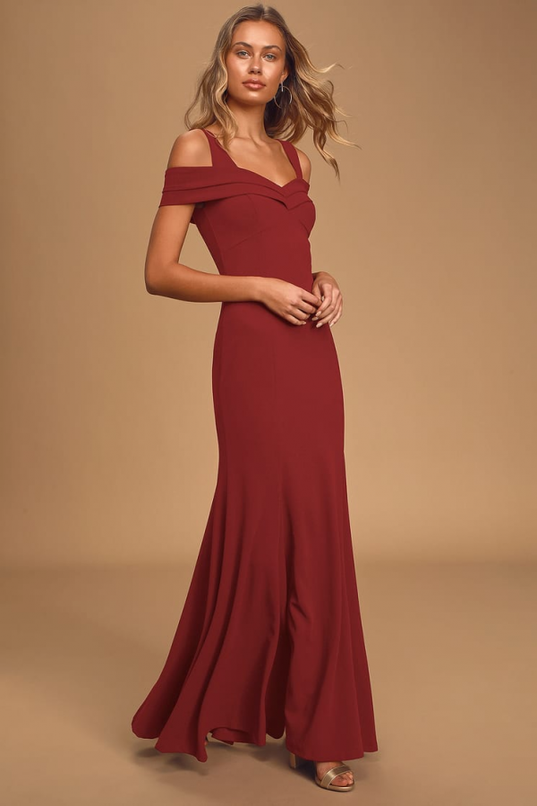 Amaze Me Wine Red Off-the-Shoulder Maxi Dress