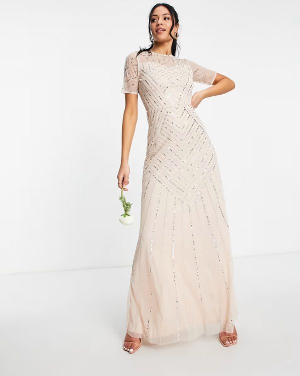 Bridesmaid short sleeve maxi dress with embellishment